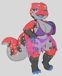 absurd_res anthro big_breasts blue_eyes breasts clothing female fire_skink hi_res lizard looking_at_viewer non-mammal_breasts red_body reptile scalie short_stack silvershield88 skink slightly_chubby solo swimwear tail thick_tail thick_thighs