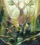 antlers bandai_namco brass_instrument cernumon clothing digimon digimon_(species) duo feral forest fur hat headgear headwear hooves horn humanoid light light_beam musical_instrument plant red_eyes scarf sunbeam sunlight syozikin_5en tree white_body white_fur wind_instrument