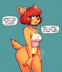 anthro blue_eyes blush bodily_fluids bottomless bovid brown_body brown_fur butt caprine clothed clothing crop_top dialogue english_text female fur genitals hair lammy_lamb looking_at_viewer luichemax mammal midriff musk musk_clouds navel parappa_the_rapper pubes pussy red_hair sheep shirt smile solo sony_corporation sony_interactive_entertainment speech_bubble steaming_pussy sweat tail text topwear um_jammer_lammy