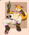 2_horns anklet_(marking) anthro armlet athletic bottle bottomwear briefs bulge canid canine cloak clothing container crotchless_bottomwear crotchless_clothing crotchless_pants fox green_eyes hand_on_cheek hi_res holding_bottle holding_container holding_object horn huanggougou0122 kemono male mammal navel nipple_piercing nipple_ring nipples open_mouth pants pawpads piercing ring_piercing simple_background sitting solo three-quarter_view underwear watermark yellow_body