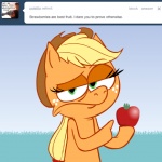 1:1 apple applejack_(mlp) ask_jappleack blonde_hair clothing cowboy_hat earth_pony english_text equid equine female feral food freckles friendship_is_magic fruit gesture green_eyes hair half-closed_eyes hand_gesture hasbro hat headgear headwear horse hotdiggedydemon mammal my_little_pony narrowed_eyes plant pointing pony ponytail solo text tumblr