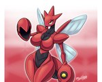 2023 anthro arthropod arthropod_abdomen artist_name big_breasts breasts claws digital_media_(artwork) english_text eyelashes featureless_breasts featureless_crotch female generation_2_pokemon latiar looking_at_viewer nintendo number pokemon pokemon_(species) pokemorph pupils scizor simple_background solo standing text white_sclera wings yellow_eyes