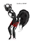 2001 ambiguous_gender anthro biped bottomwear brown_eyes butt claws clothing darksilver digital_media_(artwork) hindpaw mammal mephitid pants paws red_bottomwear red_clothing red_pants shaded simple_background skunk solo tail toe_claws undressing white_background