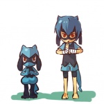 1:1 alternate_species anthro blue_hair canid canine cosplay duo generation_4_pokemon hair hitec human humanized male mammal nintendo pokemon pokemon_(species) pokemon_trainer red_eyes riolu simple_background tail white_background