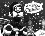 2019 5:4 5_fingers artist_name bell bendy_and_the_ink_machine bendy_the_dancing_demon bethany_(latiar) black_and_white black_heart black_text bow_ribbon breasts chimney christmas christmas_clothing christmas_headwear christmas_present clothed clothing costume crossgender demon dialogue digital_media_(artwork) english_text eyebrows eyelashes female fingers gift gloves handwear hat headgear headwear heart_symbol hi_res holidays humanoid latiar monochrome night number one_eye_closed open_mouth open_smile outside santa_hat sitting smile snow solo speech_bubble tail talking_to_viewer teeth text tongue wearing_hat