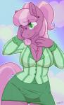 2015 anthro anthrofied blush bottomwear breasts cheerilee_(mlp) chest_fur chest_tuft cleavage clothed clothing conditional_dnp digital_media_(artwork) ear_piercing earth_pony equid equine eyewear female friendship_is_magic fur glasses green_eyes hair hasbro hi_res horse mammal miniskirt my_little_pony nipple_outline piercing pony ponytail purple_hair skirt skoon solo tuft