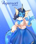 anthro big_breasts blue_body blue_bottomwear blue_clothing blue_skirt blush bottomwear breasts cleavage clothed clothing ear_fins eeveelution female fin frill_(anatomy) frilly frilly_clothing generation_1_pokemon glistening glistening_body head_fin hi_res looking_at_viewer neck_frill nintendo noruru3737 pokemon pokemon_(species) skirt smile solo tail tail_fin topwear vaporeon white_clothing white_topwear