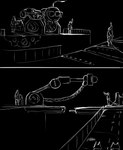 absurd_res anthro black_background bridge colored_line_art comic dark digital_drawing_(artwork) digital_media_(artwork) group hi_res kofomy line_art machine monochrome road simple_background white_line_art