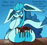 annoyed anthro beady_eyes big_breasts big_butt big_ears blue_background blue_body blue_eyes blue_fur blue_hair breasts butt cherry dialogue dipstick_tail eeveelution female food food_on_butt fruit fur generation_4_pokemon glaceon hair huge_butt long_hair looking_at_viewer looking_back looking_back_at_viewer markings nintendo nude open_mouth plant pokemon pokemon_(species) rear_view simple_background sitting snaggle_tooth solo tail tail_markings talking_to_viewer text unfortu-nate wide_hips