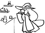 2023 aliasing anthro black_and_white canid canine catjam_(artist) clothing digital_media_(artwork) eyewear female flask glasses halloween hat headgear headwear holidays karina_(catjam) magic_user mammal monochrome potion potion_bottle scarf sketch solo witch witch_hat