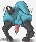 2024 3_fingers animal_genitalia animal_penis anthro anus artist_name backsack balls bent_over black_body black_fur black_legs blue_balls blue_body blue_fur blue_perineum blue_tail butt butt_focus canine_genitalia canine_penis digital_media_(artwork) erection feet fingers fur generation_4_pokemon genitals hand_on_butt hand_on_leg hand_on_own_butt hand_on_own_leg hand_spike knot llametsul lucario male male_anthro multicolored_body multicolored_fur nintendo nude_anthro nude_male pawpads penis perineum pink_pawpads pink_penis pokemon pokemon_(species) presenting presenting_hindquarters rear_view shadow signature simple_background solo sparkles spikes spikes_(anatomy) standing tail thick_thighs toes white_background