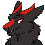 1:1 2021 ambiguous_gender anthro black_body black_fur bust_portrait clip_studio_paint_(artwork) cloudpie conditional_dnp digital_drawing_(artwork) digital_media_(artwork) ear_piercing ear_ring flat_colors fur horn icon markings piercing portrait red_eyes red_horn red_markings ring_piercing sergal simple_background snout solo teeth white_background