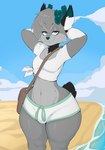 anthro beach biped bottomwear bulge clothing deer eyelashes femboy fur grey_body hi_res male mammal new_world_deer pupils reindeer shorts smile thick_thighs usnarbit wide_hips