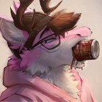 1:1 2024 anthro beverage biped blue_eyes countershade_fur countershading deer drinking_soda fur glasses_on_face hi_res latrans looking_at_viewer male mammal pink_body pink_fur root_beer soda solo white_body white_countershading white_fur