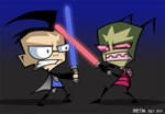 alien black_clothing black_hair black_jacket black_topwear blue_lightsaber clothing dib_membrane duo eyewear fight glasses hair human invader_zim irken jacket lightsaber male mammal melee_weapon nickelodeon not_furry red_lightsaber spectra22 star_wars topwear weapon zim_(invader_zim)