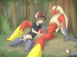 2013 4:3 anthro avian ball_fondling balls bird black_penis blaziken blue_eyes blush bodily_fluids brown_eyes brown_hair clothing cum cum_on_tongue cum_string duo erection fondling generation_3_pokemon genital_fluids genitals hair hat headgear headwear hilbert_(pokemon) human human_on_anthro interspecies kneeling knot male male/male male_penetrated male_penetrating male_penetrating_male mammal nintendo oral outside penetration penis plant pokeball pokemon pokemon_(species) pokephilia sex sitting tongue tree twang