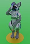 anthro bluebyte bodily_fluids covering covering_crotch embarrassed eyes_closed fur genital_fluids grey_body grey_fur hair lunar_proto machine male protogen protogen_visor simple_background solo urine urine_on_ground watersports