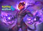 2016 anthro anthrofied black_body black_fur black_nose bulge cheetahpaws claws energy english_text fangs featureless_crotch felid fur generation_7_pokemon litten male mammal nintendo pecs pokemon pokemon_(species) pokemorph red_body red_fur simple_background solo stripes tail teeth text yellow_eyes