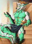 abs anthro canid canine claws forked_tongue hi_res hybrid inviting kaerufrog male mammal muscular muscular_male open_mouth pawpads pecs sharp_teeth sitting solo teeth toe_claws tongue