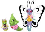 4_arms antennae_(anatomy) anthro armless black_eyes bottomwear breasts butterfree caterpie chrysalis clothing female generation_1_pokemon green_body group hi_res legless metapod multi_arm multi_limb nintendo overalls pokeball pokemon pokemon_(species) purple_body red_eyes shirt simple_background skirt topwear trio urusee584 white_background wings