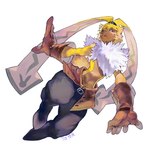 anthro bandai_namco belt bottomwear clothed clothing digimon digimon_(species) digimon_ghost_game fluffy_chest fur gloves handwear hi_res lagomorph leporid long_ears male mammal pants ponytail_ears rabbit sayoko404 solo symbareangoramon topless topless_anthro yellow_body yellow_fur