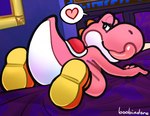 absurd_res anthro bed bedding bedroom_eyes butt dinosaur dubindore featureless_crotch female furniture hi_res looking_at_viewer looking_back mario_bros narrowed_eyes nintendo pink_yoshi prehistoric_species presenting presenting_hindquarters raised_tail reptile scalie seductive solo tail tailbutt thick_tail tongue tongue_out yoshi