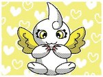 4:3 :3 ahoge ambiguous_gender bandai_namco biped colored digimon digimon_(species) digital_media_(artwork) eyelashes feathered_wings feathers feral flipnote_studio_3d_(artwork) hair hand_on_face heart_pattern_background heart_symbol kyupimon low_res luckypanda pattern_background pixel_(artwork) pixelated pseudo_hair pseudo_horn shaded simple_background solo spread_wings white_body wings yellow_background yellow_eyes yellow_wings