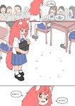 anthro asian_clothing asking_where bodily_fluids canid canine chair class clothed clothing comic desk dialogue distressed dotted_outline east_asian_clothing english_text female fox fully_clothed fur_(theterm) furniture group hair human insult japanese_clothing japanese_school_uniform kemono male mammal on_chair open_mouth red_hair school_uniform serafuku sitting sitting_on_chair solo_focus speciesism speech_bubble student sweat table tail text theterm uniform young young_anthro young_female young_human young_male