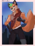 2024 abs anthro artisticares athletic athletic_anthro athletic_male biped blue_eyes canid canine clothed clothing clothing_lift ear_piercing fox fur green_hair hair hi_res i_think_i_like_you jax_(i_think_i_like_you) licking licking_lips looking_at_viewer male mammal orange_body orange_fur piercing shirt shirt_lift solo tongue tongue_out topwear white_body white_fur