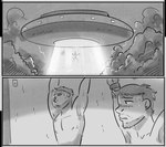 alien_abduction bdsm black_and_white bodily_fluids bondage bound comic hi_res human kidnapping male mammal monochrome nipples nude sweat tractor_beam ufo zoba_(artist)