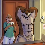 1:1 absurd_res anthro bathroom clothing ear_piercing electronics female greensodafennec hi_res holding_object holding_phone jewelry male mammal mirror muscular mustelid necklace otter phone piercing posing_for_picture shirtless smile whiskers