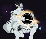 anthro balls black_hole bodily_fluids cum dragon ear_piercing ear_ring genital_fluids genitals hair horn macro male mythological_creature mythological_scalie mythology nude penetration piercing planet ring_piercing scalie solo space star stardustspears tail tongue tongue_out