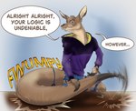 anthro clothed clothing english_text growth hi_res holding_tail hoodie kangaroo looking_at_viewer macropod male mammal marsupial mid_transformation proteon simple_background solo sound_effects speech_bubble tabletop tail tail_growth tail_growth_in_pants tailsplosion text topwear torn_clothing transformation