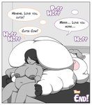 absurd_res belly big_belly border bovid bovine cattle comic cowification english_text expansion female female/female growth hi_res huge_belly kynesart mammal obese obese_female overweight overweight_female slightly_chubby text trans_(lore) weight_gain white_border