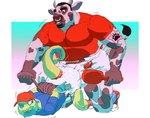 2021 abstract_background anthro anthrofied bdsm biped bondage bound bovid bovine bramm brown_body cattle clean_diaper clothed clothing daire301 daire_(dunsparce) diaper diaper_humping digital_media_(artwork) dunsparce duo facial_piercing footprint generation_2_pokemon hands_behind_back hands_tied_behind_back hat headgear headwear hi_res horn humping male male/male mammal muscular muscular_anthro muscular_male nintendo nose_piercing nose_ring one_eye_closed open_mouth pawprint pawprint_tattoo piercing pokemon pokemon_(species) pokemorph red_clothing red_hat red_headwear red_shirt red_topwear ring_piercing shirt simple_background star_tattoo tattoo teeth topwear wearing_diaper white_body white_diaper