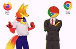 absurd_res anthro canid canine clothed clothing countershade_face countershade_fur countershade_neck countershading crossed_arms duo english_text firefox for_a_head fox fur google google_chrome hi_res humanoid jacket kogito living_logo male mammal markings mozilla mozilla_firefox_(character) necktie object_head orange_body orange_fur suit tail text topwear yellow_markings