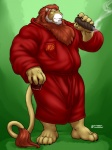 2013 3:4 alcohol anthro bathrobe beard beverage blue_eyes cigar classy clothing digital_media_(artwork) elderly facial_hair felid food full-length_portrait fur grey_hair grisser hair hairy lion looking_at_viewer male mammal mature_anthro mature_male nedris pantherine portrait red_hair robe smoke smoking solo