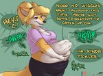 abdominal_bulge anthro anthro_pred arm_tuft belly big_belly big_breasts blue_clothing blue_topwear bottomwear breasts calling_for_help canid canine clothed clothing dialogue digestion digestion_noises digital_media_(artwork) fatal_vore female female_pred fox hair holding_stomach imminent_death jen_(scottc) mammal onomatopoeia overweight overweight_anthro overweight_female pants scott_calico simple_background slightly_chubby slightly_chubby_female soft_vore sound_effects speech_bubble text topwear tuft vore