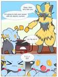 3:4 absurd_res ambiguous_gender anthro border comic dialogue duo english_text felid feline feral generation_4_pokemon generation_7_pokemon hi_res legendary_pokemon mammal nintendo okazu pokemon pokemon_(species) shinx speech_bubble text white_border zeraora