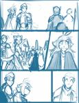 2015 anthro armor blue_and_white blush butt cape casual_exposure cloak clothed clothing comic conditional_dnp daniels_(twokinds) eyebrows eyes_closed felid female flora_(twokinds) fur group hair half-closed_eyes human ineffective_clothing keidran keiren_(twokinds) long_hair looking_aside looking_at_another looking_back male mammal monochrome narrowed_eyes outside pantherine raised_eyebrow short_hair simple_background sketch snout striped_body striped_fur stripes therie_sah-van tiger tom_fischbach twokinds white_background