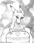 2016 anthro cake cherry clothing comic dessert dragon english_text food frosting fruit hi_res horn if_hell_had_a_taste male monochrome mythological_creature mythological_scalie mythology open_mouth plant scales scalie scar shirt skylar_fidchell text topwear viroveteruscy