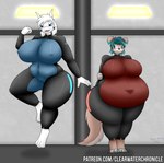 2022 3_toes 5_fingers anthro asriel_dreemurr_(god_form) belly belly_overhang big_belly big_breasts black_sclera blue_eyes blue_hair blush boss_monster_(undertale) bovid breasts canid canine canis caprine claws clothing crossgender domestic_dog duo facial_markings feet female fingers floating floppy_ears fluffy fluffy_tail fur glistening glistening_clothing glowing gyro-furry hair head_markings hi_res holding_arm horn huge_breasts lights mag-amp_suit male mammal markings moobs navel nervous nipple_outline open_mouth overweight overweight_anthro overweight_male sam_yaeger signature skinsuit tail text thick_thighs tight_clothing toe_claws toes undertale undertale_(series) url white_body white_fur