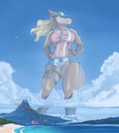 2023 aircraft airplane alessandra_(scream) anthro arm_tuft athletic athletic_anthro athletic_female beach big_breasts big_muscles biped blonde_hair blue_bottomwear blue_clothing blue_eyes blue_shorts boots_(marking) bottomwear breasts building building_destruction building_strapped_to_leg canid canine claws clothed clothing colored countershade_torso countershading day destruction ear_piercing feet female fingers fire flowing_hair flying foot_markings fox front_view fur fur_markings furry_tail giga hair hands_on_hips hi_res hotpants jewelry landscape_dwarfing leg_markings lighthouse long_hair looking_aside low-angle_view macro mammal markings merchant_ship muscular muscular_anthro muscular_female necklace oil_platform one-piece_swimsuit orange_clothing orange_swimwear outside palm_tree piercing plant pockets scream_(artist) sea seaside shark_tooth_necklace ship shorts shoulder_tuft smoke snout solo splash splashing_water standing stomping swimwear tail tan_body tan_fur tanker_(ship) thick_thighs tree tuft vehicle vehicle_in_pocket volcano water watercraft