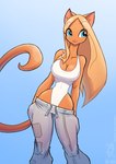 :3 anthro blonde_hair blue_background blue_eyes bottomwear breasts cleavage clothed clothing conditional_dnp domestic_cat felid feline felis female fur hair jollyjack looking_aside mammal one-piece_swimsuit orange_body orange_fur pants simple_background solo sweatpants swimwear tail