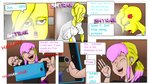 16:9 anthro avian bird blonde_hair cellphone chica_(fnaf) chicken comic_sans dagney duo ear_piercing electronics english_text female five_nights_at_freddy's freckled_arms freckles galliform gallus_(genus) gender_confusion gender_transformation hair human humanoid mammal mtf_transformation phasianid phone piercing pink_hair pregnant scottgames text transformation widescreen