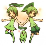 1:1 alternate_species chikorita clothing cosplay dress duo female feral generation_2_pokemon green_hair hair hitec human humanized looking_at_viewer male mammal nintendo pokemon pokemon_(species) red_eyes short_hair simple_background white_background