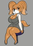 2024 absurd_res aggretsuko anthro belt big_breasts breasts canid canine canis clothed clothing domestic_dog driving_school_receptionist eyebrows eyelashes female footwear furniture hi_res looking_at_viewer mammal papillon sanrio sitting solo someth1ngoranother stool thick_thighs toy_dog wide_hips