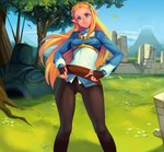 blonde_hair blue_eyes breasts breath_of_the_wild cassettecreams clothing cloud day detailed_background female fingerless_gloves fingers gloves grass hair hands_on_hips handwear hi_res humanoid humanoid_pointy_ears hylian long_hair looking_at_viewer mammal nintendo not_furry outside plant princess_zelda sky solo standing the_legend_of_zelda tree