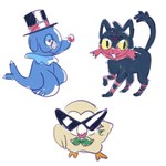 1:1 2016 absurd_res ambiguous_gender beak biped black_eyes blue_body clothing colored_sketch digital_media_(artwork) eyewear feathered_wings feathers feet feral flavia-elric generation_7_pokemon group hat headgear headwear hi_res litten mouth_closed nintendo pokemon pokemon_(species) popplio quadruped rowlet simple_background sketch standing sunglasses tail talons toes top_hat trio white_background wings yellow_sclera