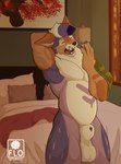 absurd_res animal_genitalia awake awakening ball bed bedroom belly bolero_(character) canid canine canine_genitalia canis colored_nails flexing flomarcy fox furniture genitals hi_res male mammal muscular nails nude open_mouth pecs penis penis_tip sheath solo_in_panel teeth watermark yawn